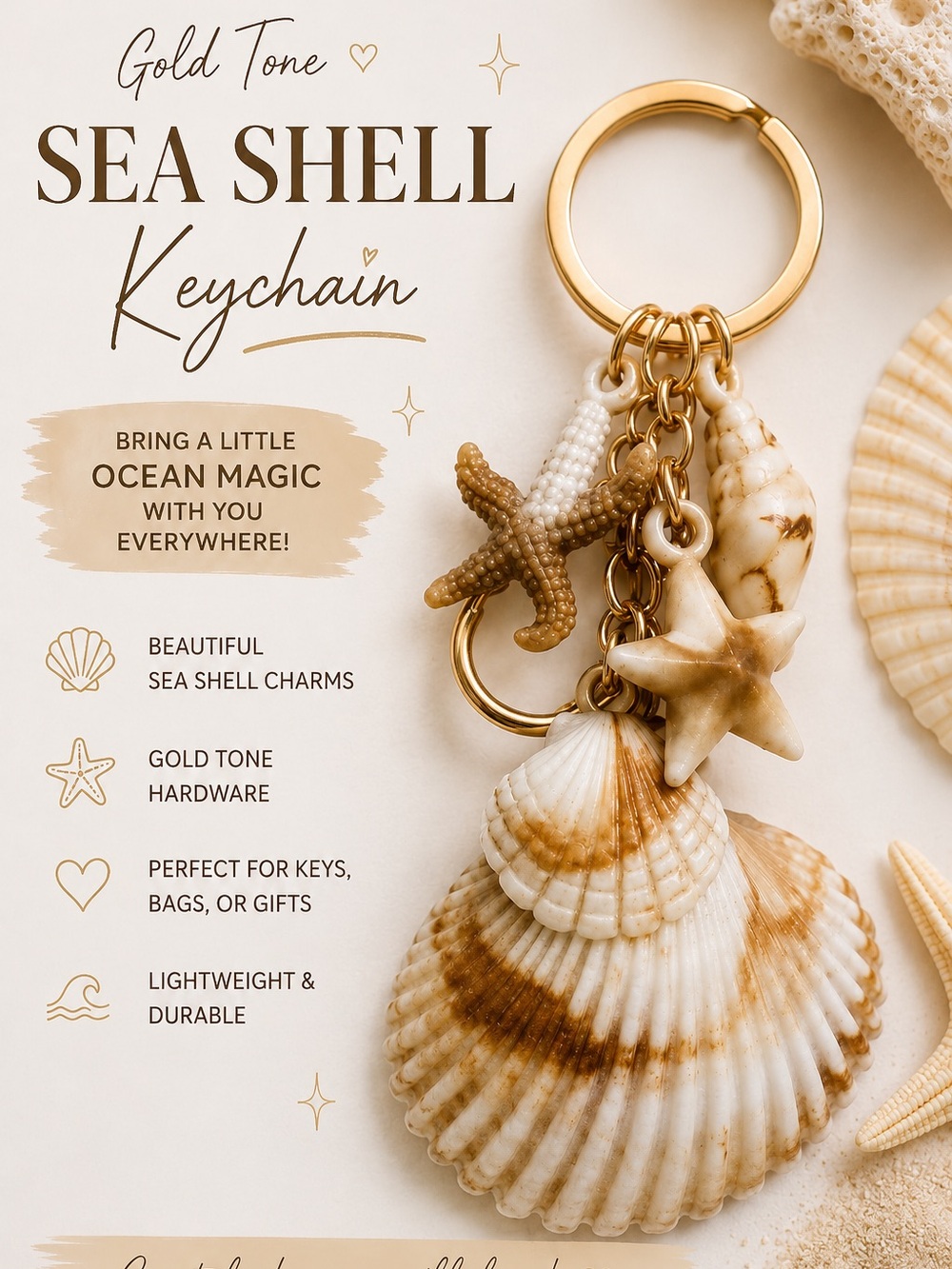 Seashell Charm Keychain with Starfish Accent in Gold Tone.